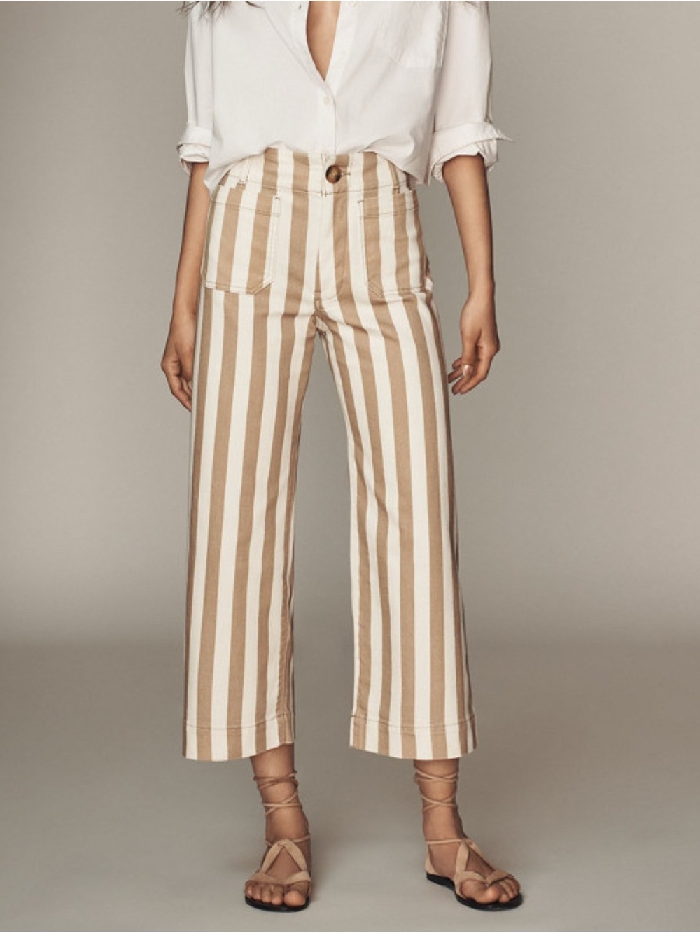 Anthropologie The Colette Striped Wide-Leg Jeans Khaki Tan White 28